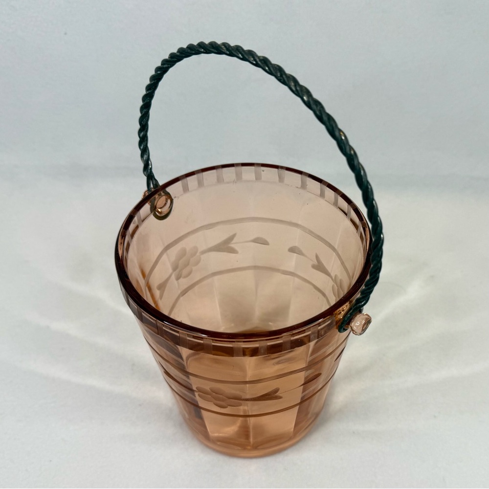 Pink Glass Ice Bucket with Floral Design Depression Era Glass